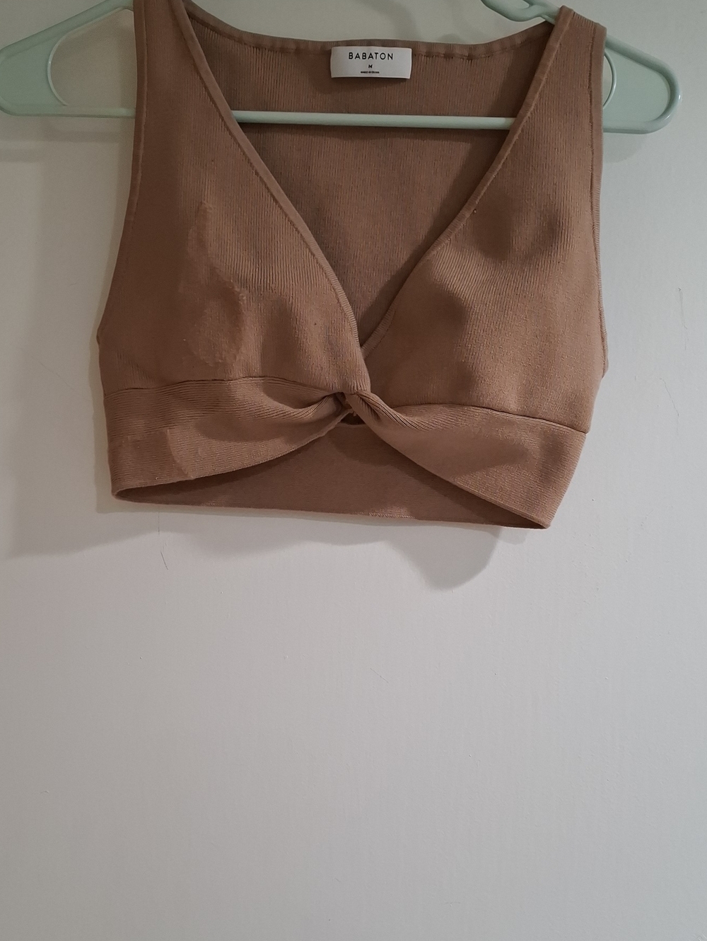 Babaton Taupe Twist Front Ribbed Crop Top